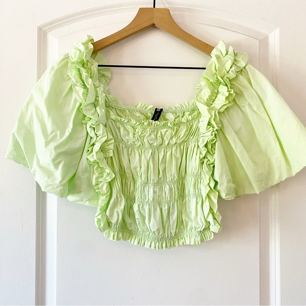 ZARA Lime Green Voluminous Poplin Ruched Crop Top - Picture 4 of 12